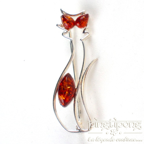 Bijou chat assis broche en argent et ambre - boutique pingtipong