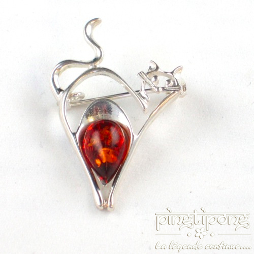 Bijou chat dos rond broche en argent et ambre - boutique pingtipong